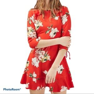 Topshop red floral tea dress zipper back Size 6 long sleeves.